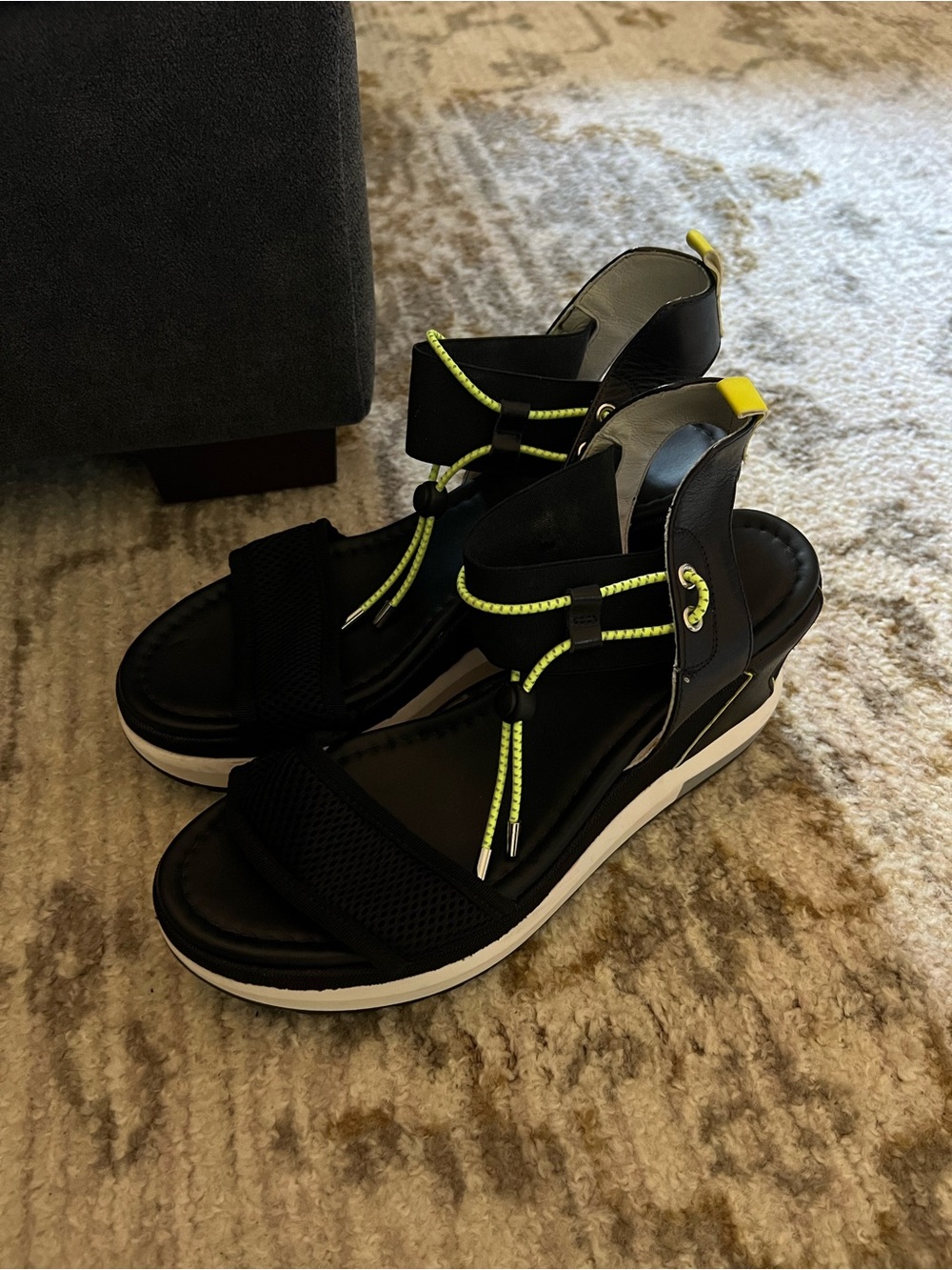 Nero Giardini Black Wedge Sandals with Neon Yellow Accents - Picture 3 of 6